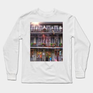 Sunny New Orleans French Quarter Nola Home with Iconic Blue Gray Architecture and Botanical Greenery in Southern Louisiana Long Sleeve T-Shirt